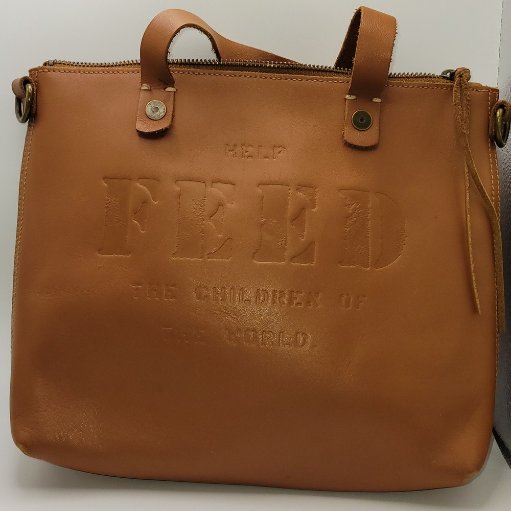 FEED Projects Brown Leather Tote Bag Help Feed The Children 75 Cognac Crossbody